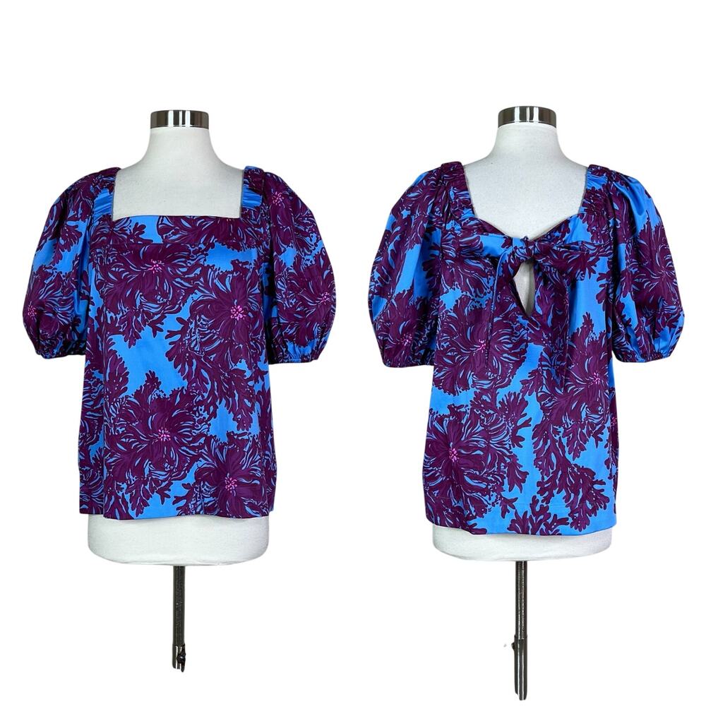 Lilly Pulitzer | Torrey Floral Puff Sleeve Blue Purple Square Neck Top Blouse 12 - Picture 10 of 10